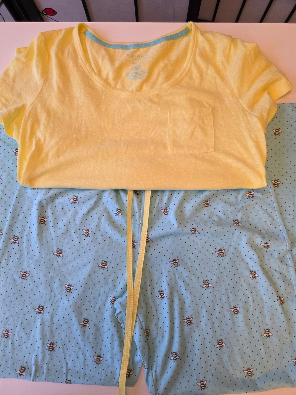 Sonoma Women's Yellow Scoop Neck Top and Light Blue Bumblebee Pajama Set ~Medium